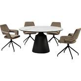 Knox & Penny 5 Piece Dining Set in White Stone, Black Metal & Coffee Brown Fabric