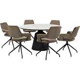 Knox & Penny 7 Piece Dining Set in Stone, Black Metal & Brown Fabric