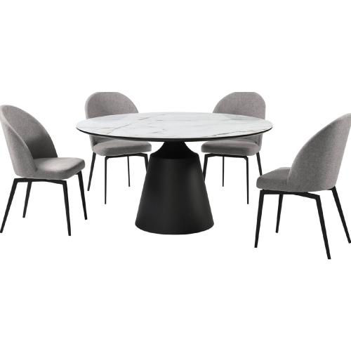 Knox & Sunny 5 Piece Dining Set in White Stone, Black Metal & Gray Fabric