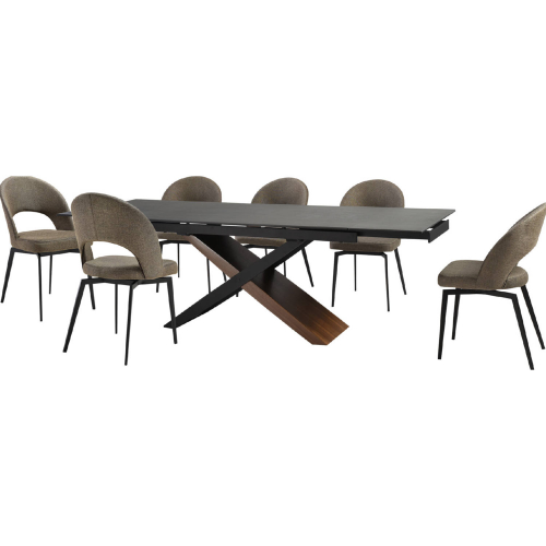 Milena & Lucia 7 Piece Dining Set in Stone, Walnut, Black Metal & Brown Fabric