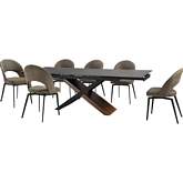 Milena & Lucia 7 Piece Dining Set in Stone, Walnut, Black Metal & Brown Fabric