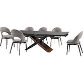 Milena & Lucia 7 Piece Dining Set in Stone, Walnut, Black Metal & Gray Fabric