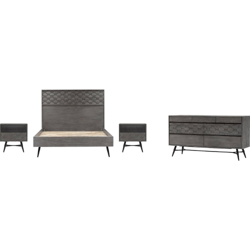 Makena 4 Piece Queen Bedroom Set in Grey Acacia Wood & Black Metal
