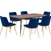 Messina 7 Piece Dining Set in Walnut, Black Metal & Blue Velvet
