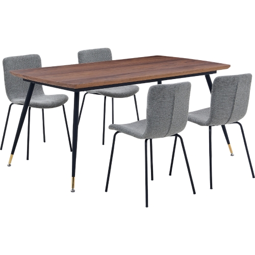 Messina & Gillian 5 Piece Dining Set in Walnut, Black Metal & Grey Fabric