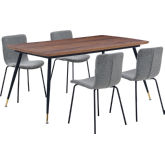 Messina & Gillian 5 Piece Dining Set in Walnut, Black Metal & Grey Fabric
