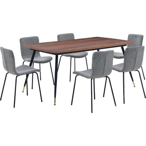 Messina & Gillian 7 Piece Dining Set in Walnut, Black Metal & Grey Fabric