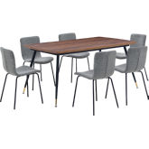 Messina & Gillian 7 Piece Dining Set in Walnut, Black Metal & Grey Fabric