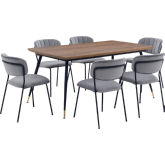 Messina & Carlo 7 Piece Dining Set in Walnut, Black Metal & Grey Velvet