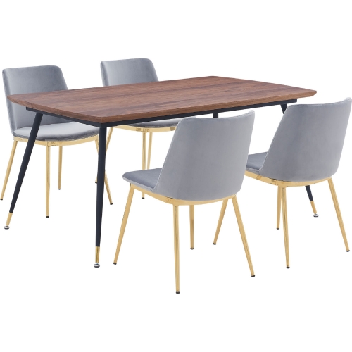 Messina 5 Piece Dining Set in Walnut, Black Metal & Grey Velvet
