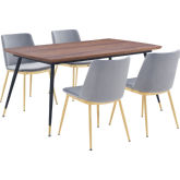 Messina 5 Piece Dining Set in Walnut, Black Metal & Grey Velvet