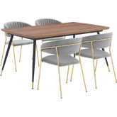 Messina & Nara 5 Piece Dining Set in Walnut, Black Metal & Grey Velvet