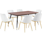 Messina 7 Piece Dining Set in Walnut, Black Metal & White Grey Velvet