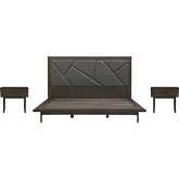 Marquis 3 Piece King Bedroom Set in Smoke Oak, Grey Leatherette & Black