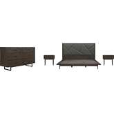 Marquis 4 Piece King Bedroom Set in Smoke Oak, Grey Leatherette & Black