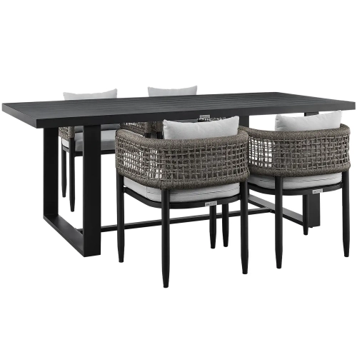 Alegria Outdoor 5 PC Dining Set in Black Aluminum, Grey Rope & Fabric