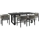 Alegria Outdoor 7 PC Dining Set in ABlack Aluminum, Grey Rope & Fabric
