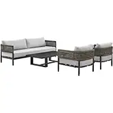 Alegria 4 Piece Outdoor Sofa Set in Black Aluminum, Rope & Light Gray Fabric