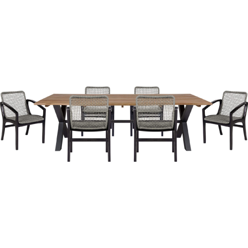 Glendora & Beckham Outdoor 7 Piece Live Edge Dining Set in Eucalyptus Wood & Gray Rope