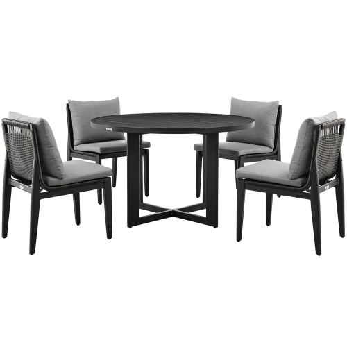 Cayman Outdoor 5 PC Round Dining Set in Black Aluminum & Grey Fabric