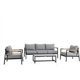 Crown 4 Piece Outdoor Sofa Set in Gray Fabric, Black Aluminum & Teak
