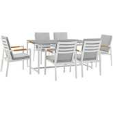 Crown Outdoor 7 Piece Dining Set in Gray Fabric, White Aluminum & Teak