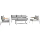 Crown 4 Piece Outdoor Sofa Set in Gray Fabric, White Aluminum & Teak