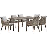 Grenada 7 Piece Outdoor Dining Set in Wicker, Gray Aluminum & Fabric