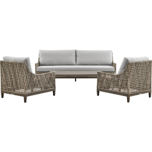 Grenada 4 Piece Outdoor Sofa Set in Wicker, Gray Aluminum & Fabric
