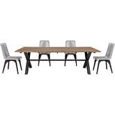 Glendora & Island Outdoor 5 Piece Live Edge Dining Set in Eucalyptus Wood & Silver Rope