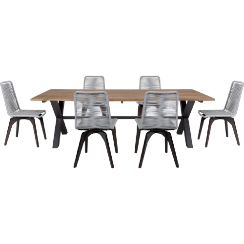Glendora & Island Outdoor 7 Piece Live Edge Dining Set in Eucalyptus Wood & Silver Rope