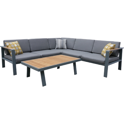 Nofi Outdoor Sectional Sofa Set in Gray Metal & Teak with Grey Fabric
