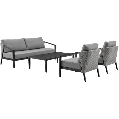 Palma Outdoor 4 PC Sofa Set in Aluminum & Wicker & Grey Fabric