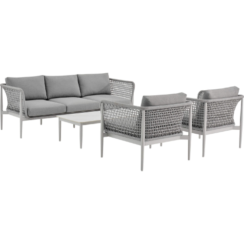 Rhodes Outdoor 4 Piece Conversation Set in Aluminum, Snowy Sintered Stone & Gray Fabric