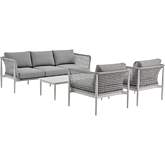 Rhodes Outdoor 4 Piece Conversation Set in Aluminum, Snowy Sintered Stone & Gray Fabric
