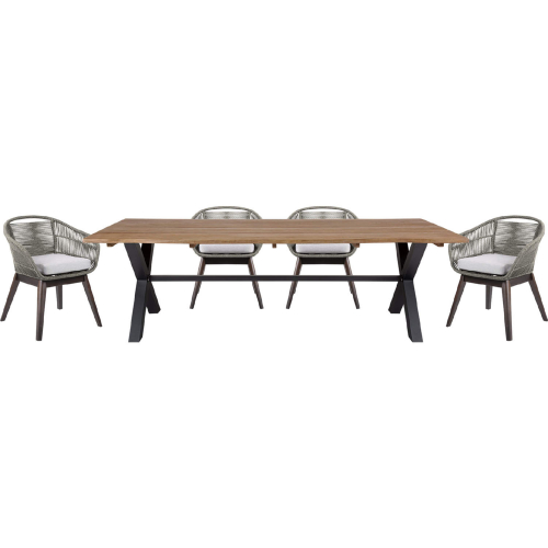 Glendora & Tutti Frutti Outdoor 5 Piece Live Edge Dining Set in Wood, Gray Rope & Fabric