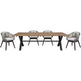 Glendora & Tutti Frutti Outdoor 5 Piece Live Edge Dining Set in Wood, Gray Rope & Fabric
