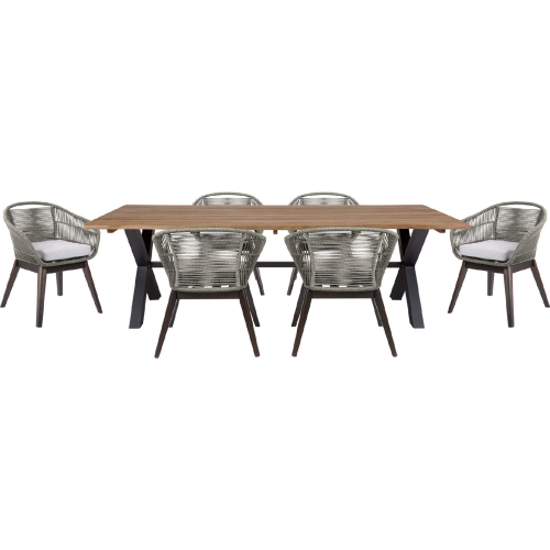 Glendora & Tutti Frutti Outdoor 7 Piece Live Edge Dining Set in Wood, Gray Rope & Fabric