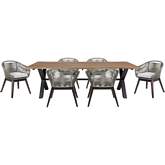 Glendora & Tutti Frutti Outdoor 7 Piece Live Edge Dining Set in Wood, Gray Rope & Fabric