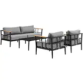 Veyda Outdoor 4 PC Sofa Set in Black Metal, Teak & Grey Cushions