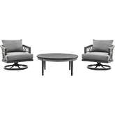 Zella Outdoor 3 Piece Swivel Seating Set in Aluminum, Light Gray Rope & Fabric