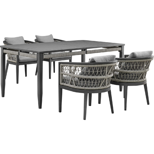 Zella Outdoor 5 Piece Dining Set in Aluminum, Light Gray Rope & Fabric