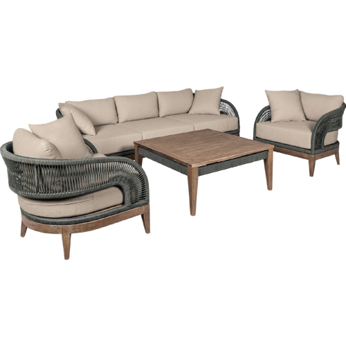 Orbit Outdoor 4 Piece Sofa Set in Weathered Eucalyptus Wood, Gray Rope & Taupe Olefin Fabric