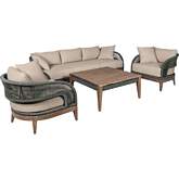 Orbit Outdoor 4 Piece Sofa Set in Weathered Eucalyptus Wood, Gray Rope & Taupe Olefin Fabric