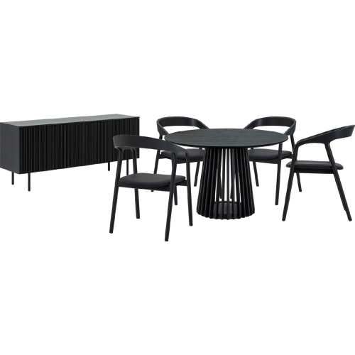 Pasadena Apache 6 Piece Round Dining Set with Buffet in Black Oak & Black Leatherette