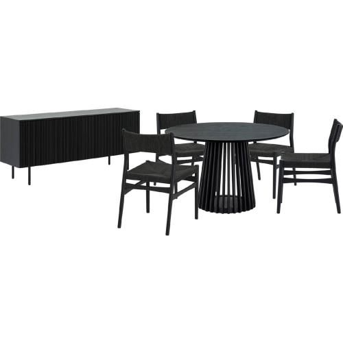 Pasadena Erie 6 Piece Round Dining Set with Buffet in Black Oak & Black Paper Cord