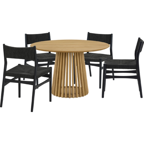 Pasadena Erie 5 Piece Round Dining Set in Natural Oak Finish & Black Paper Cord