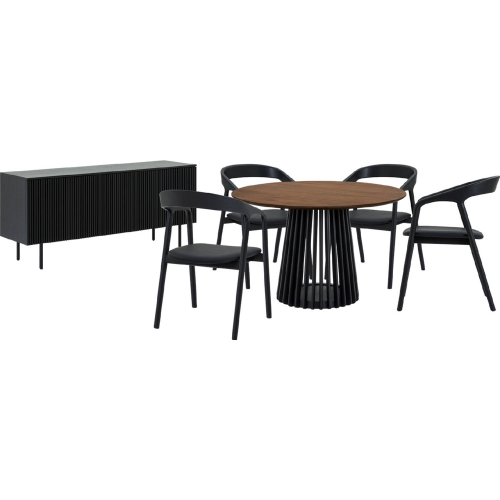 Pasadena Apache 6 Piece Round Dining Set with Buffet in Black Oak, Walnut & Black Leatherette