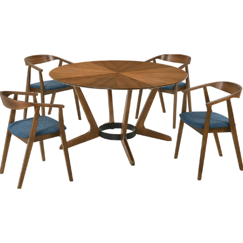 Santana 5 Piece Round Dining Set in Walnut Finish Wood & Blue Fabric