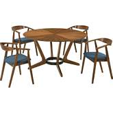 Santana 5 Piece Round Dining Set in Walnut Finish Wood & Blue Fabric